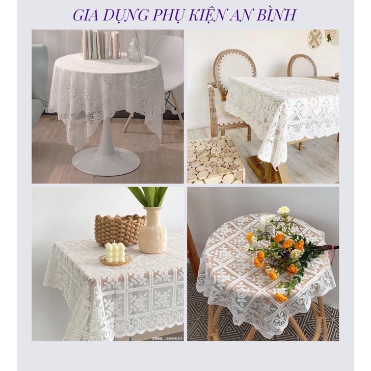 Khăn Trải Bàn Ren Hoa Trắng Kem Decor Vintage Cho Bàn Vuông, Tròn, Chữ Nhật Siêu Xinh