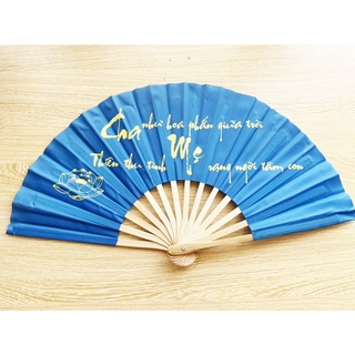 Quạt vải lụa xếp,viết chữ thư pháp truyền thống Việt Nam dài 25cm (màu xanh)