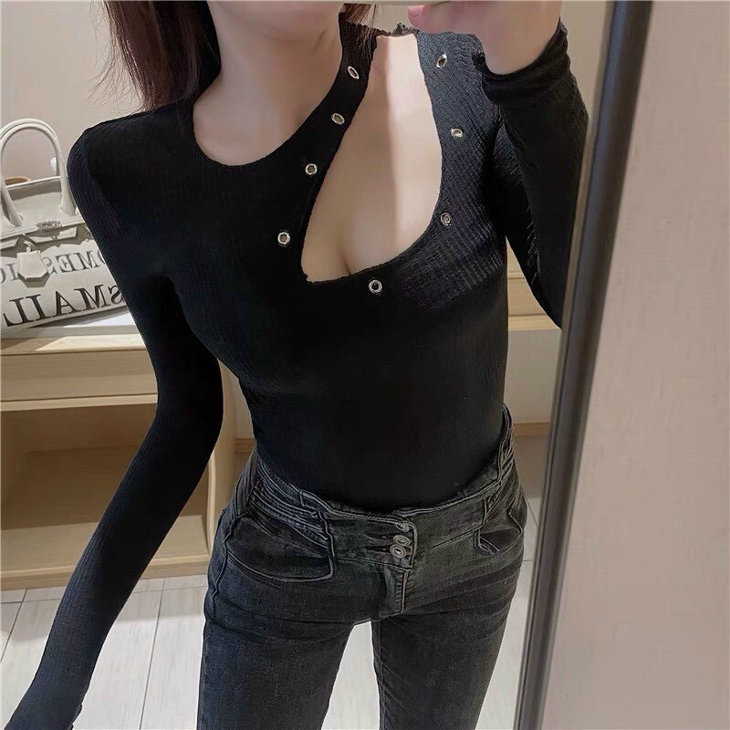 áo kiểu tay dài ôm body khoét đính khoen xinh ảnh thật