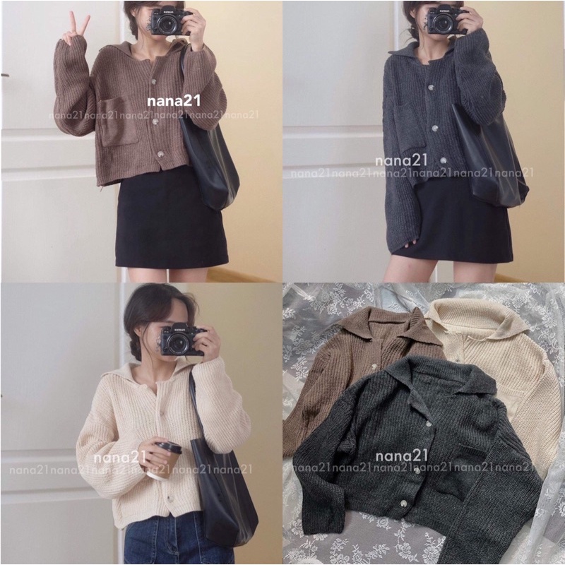 Áo cardigan len croptop cổ bẻ