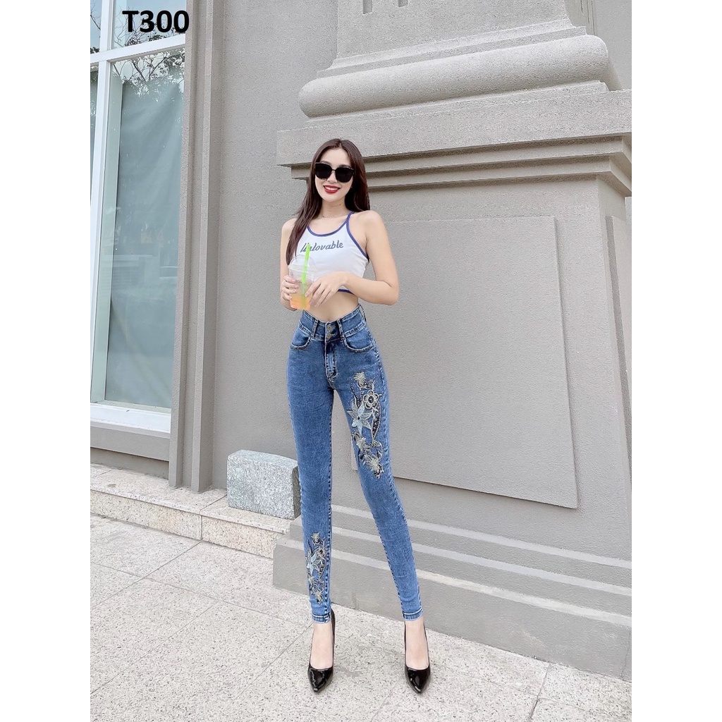 Quần jean nữ thêu hoa co giãn T300
