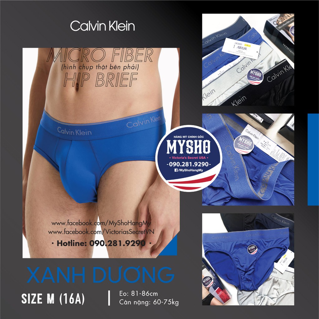 (Bill Mỹ Chính Hãng size M) Quần lót nam màu xanh dương sành điệu (16), Micro Fiber Hip Brief - Calvin Klein USA