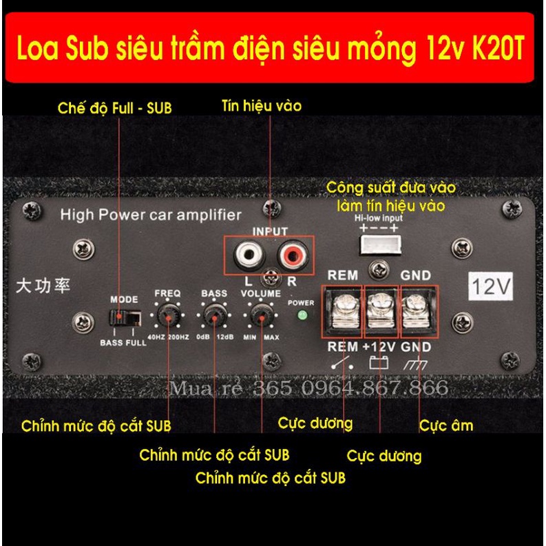 Sub siêu trầm 20, K20T vỏ Kim loại bass 20, có loa Tép, điều khiển âm lượng từ xa, điện 12v