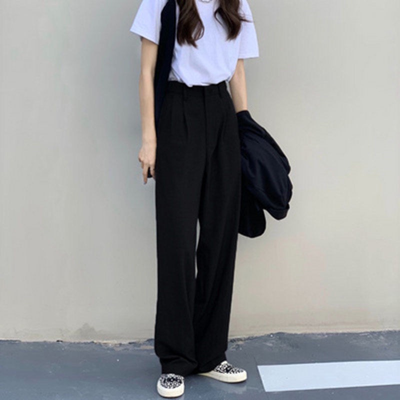 Quần ống rộng lưng cao màu đen phong cách Hàn Quốc thời trang xuân thu dành cho bạn nữ