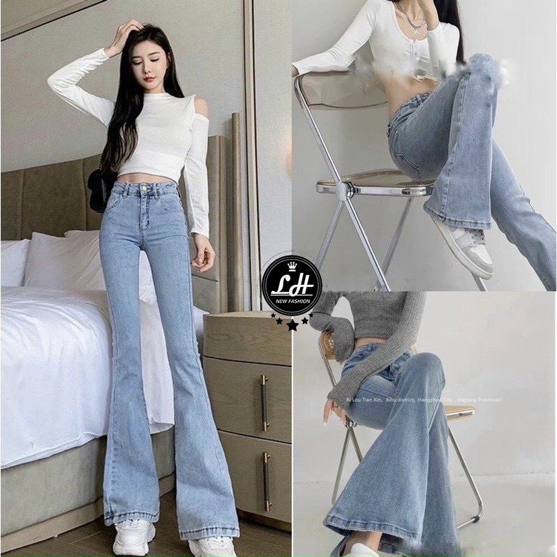 Quần jean ống loe co giãn cạp cao Ms 100