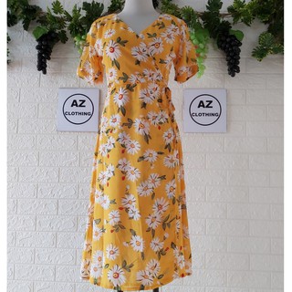 ĐẦM MAXI HOA NHÍ ĐẮP CHÉO THẮT NƠ EO MÀU VÀNG FREE SIZE
