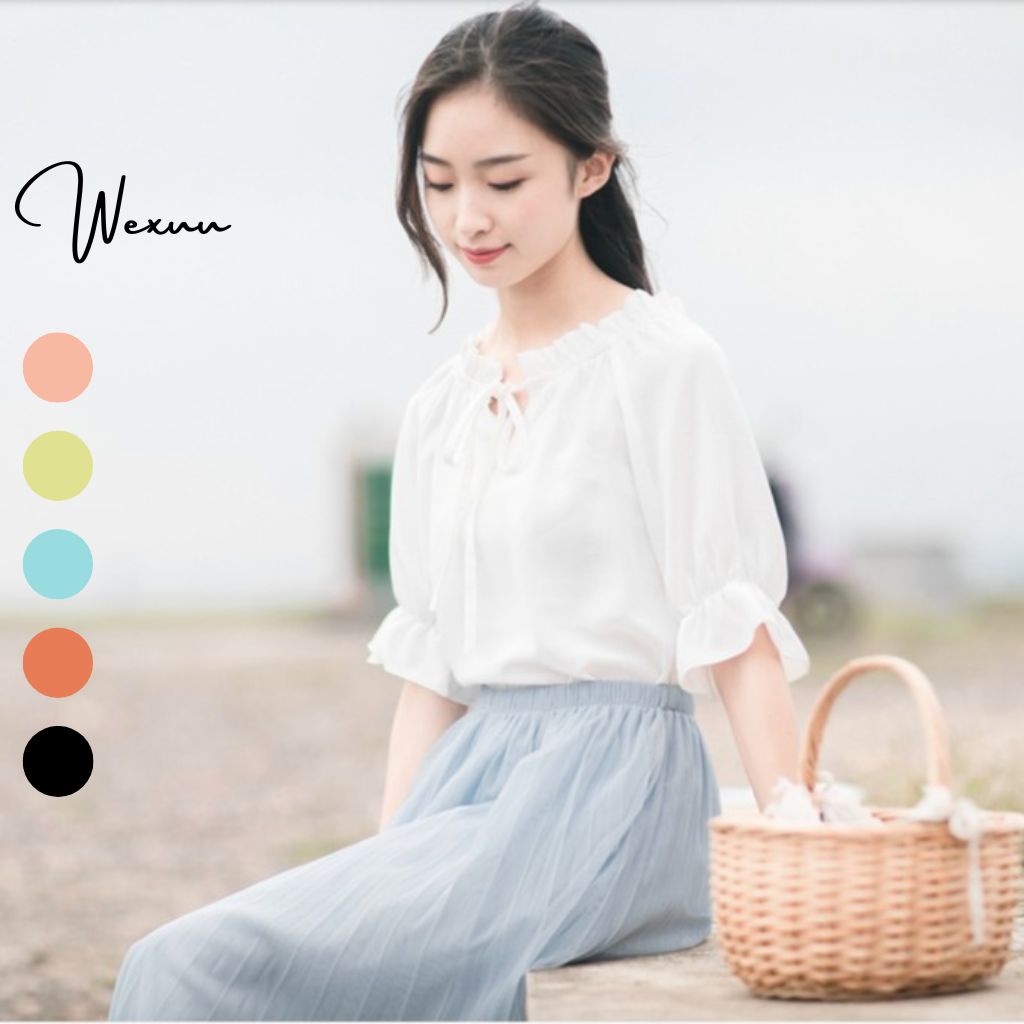 Áo Kiểu Nữ Cổ Bèo Wexuu Design áo sơ mi trắng cổ bèo tay lỡ kiểu cách 3 Màu  SP10