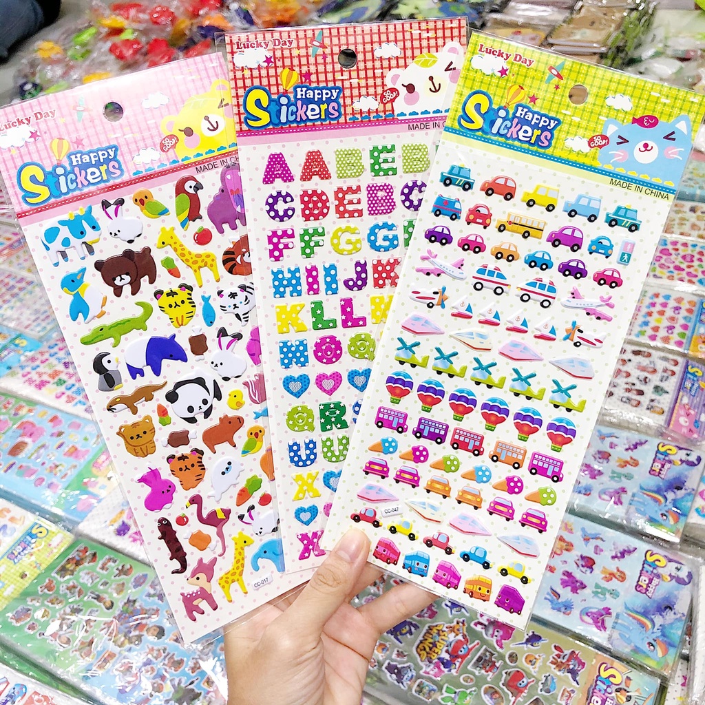Sticker, hình dán động vật dễ thương, hình dán nổi kitty, doreamon, công chúa, heo peppa