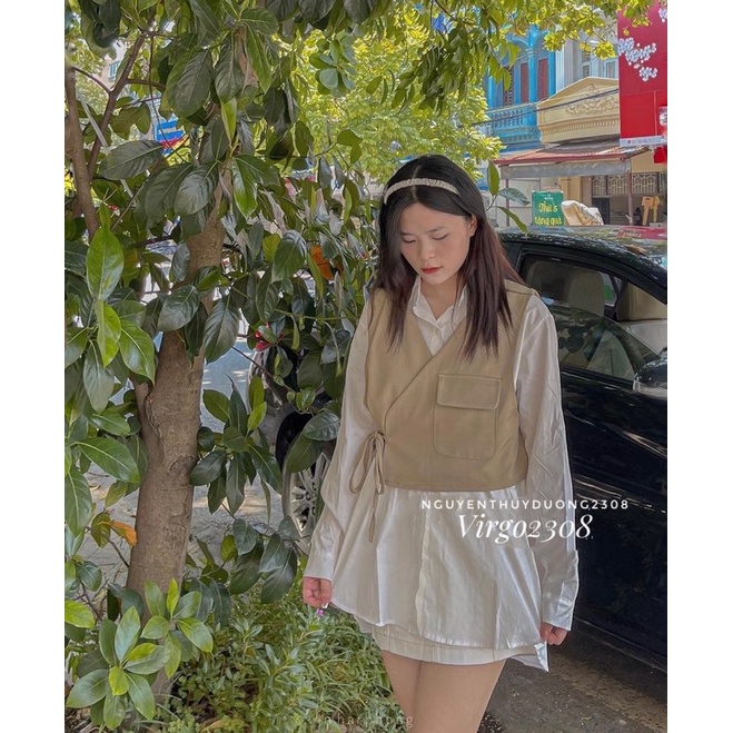 [HÀNG SẴN]SET ÁO SƠMI MIX GILE túi nắp nơ eo siêu xinh | BigBuy360 - bigbuy360.vn