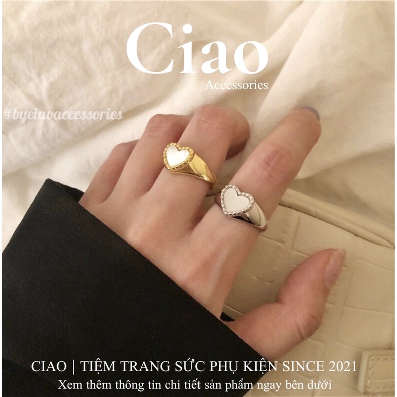 [HOẢ TỐC 1H] Nhẫn mạ bạc S925 thiết kế hoạ tiết hình tim xà cừ mã 31 trendy Ciao accessories
