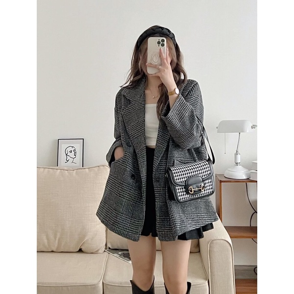 Áo khoác dạ kẻ ullzang dày dặn 2 lớp - Áo khoác dạ kẻ dáng lỡ phong cách Hàn Quốc