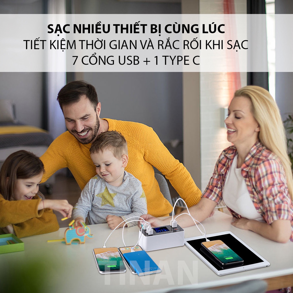 Bộ Sac Nhanh 8 Cổng A9+ USB 3.0 TypeC 40W, Màn Hình LED Cho Điện Thoại iOS và Android