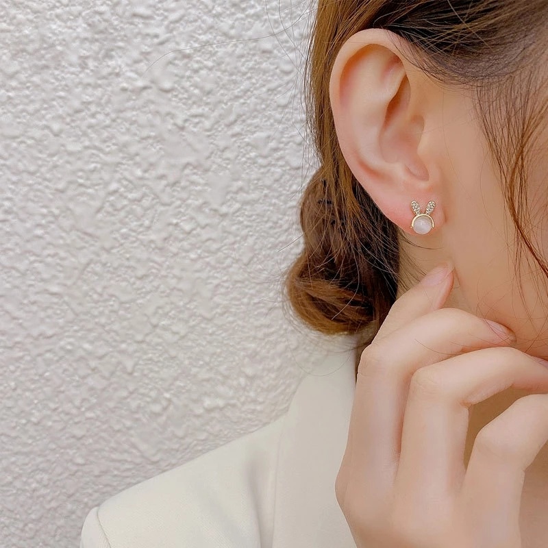 Khuyên Tai Đính Đá Opal Hình Tai Thỏ Đơn Giản Thời Trang Cho Nữ