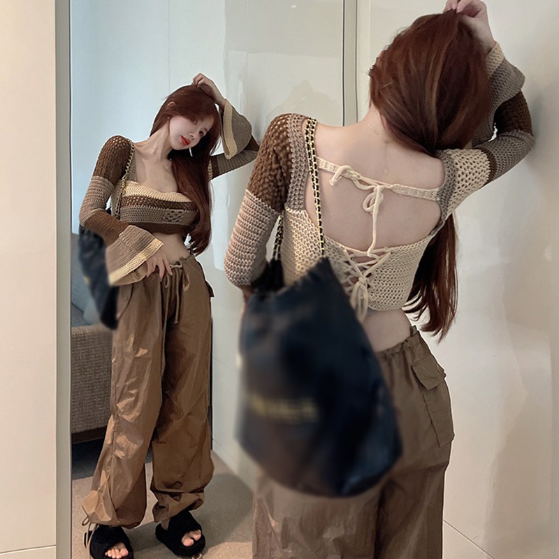 Áo Croptop Dệt Kim Tay Loe Dài Cổ Vuông Họa Tiết Kẻ Sọc Phong Cách Hàn Quốc Thời Trang Cho Nữ