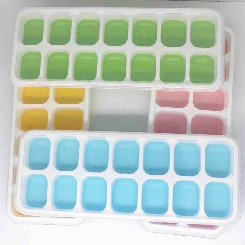 KHAY LÀM ĐÁ 14 VIÊN SILICON CÓ NẮP TRÁNH BỊ MÙI, VI KHUẨN TRONG TỦ LẠNH, AN TOÀN CHO SỨC KHỎE