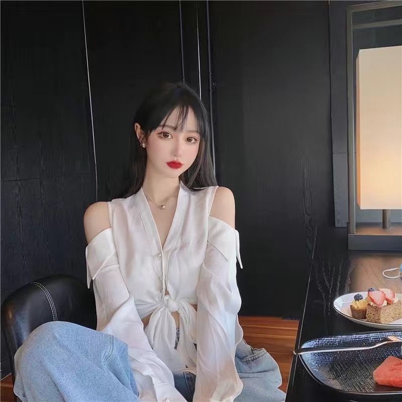 Áo Kiểu Tay Dài Trễ Vai Cổ Chữ V Họa Tiết Sọc Caro Thiết Kế Mới Thời Trang Cho Nữ