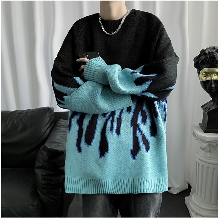 Áo sweater len nam form rộng ngọn lửa xanh đen, áo sweater nam unisex màu đen đi học đi chơi thời trang ulzzang hàn quốc