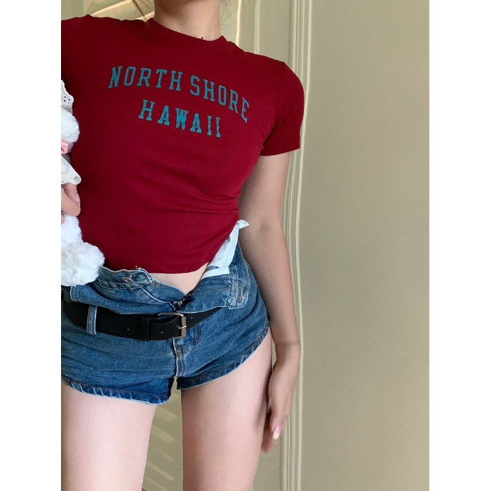 Pphome Áo Thun Tay Ngắn Cổ Cao Dáng Ôm Vừa Vặn In Chữ Màu Trắng Phong Cách Retro Mỹ Ngọt Ngào Mùa Hè