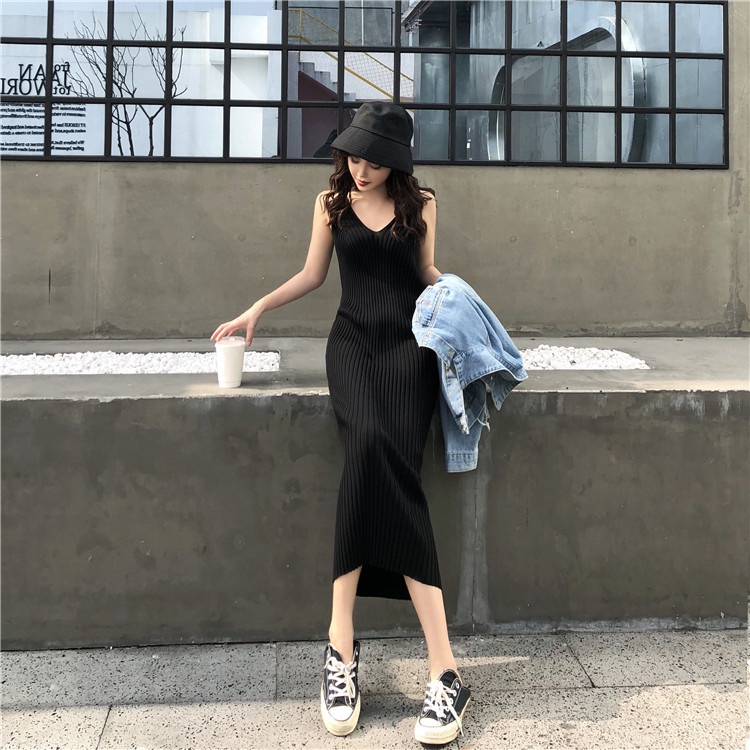 Đầm midi SUXI chữ A hai dây dệt kim mỏng cổ chữ V thời trang cho nữ
