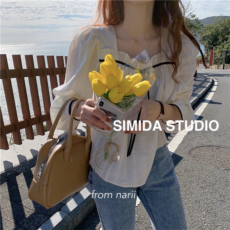 Áo sơ mi nữ tay dài NARII áo babydoll trắng Ulzzang Hàn nơ bèo viền | BigBuy360 - bigbuy360.vn