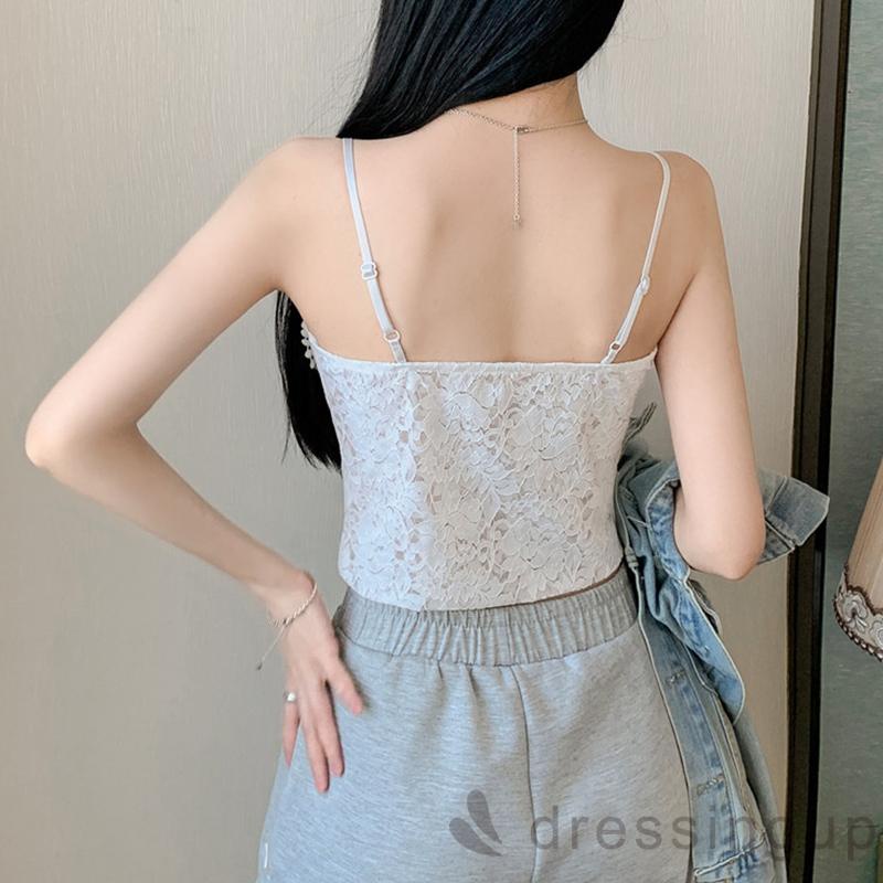 Áo Hai Dây Phối Ren Hoa Màu Trơn Có Đệm Ngực Tháo Rời Màu Đen/Trắng Thời Trang Mùa Hè Cho Nữ