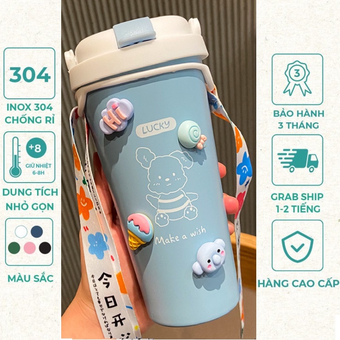 Ly giữ nhiệt 500ml, bình đựng nước giữ nhiệt cute có ống hút, dây đeo và sticker