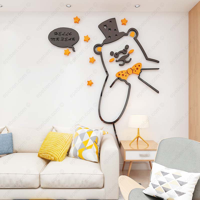 Tranh dán tường mica 3d decor khổ lớn gấu lớn lịch lãm Dán Cửa trang trí mầm non, phòng cho bé Nhiều Size - EPeBen