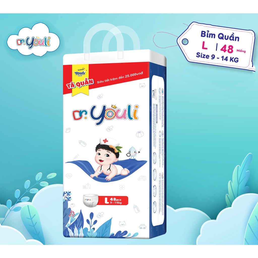 Tã/Bỉm Dán/Quần Dr. YOULI Đai Chun Mềm Mại, Mỏng Nhẹ Siêu Thấm Hút Đủ Size S - 3XL Cho Bé 4kg - 20kg