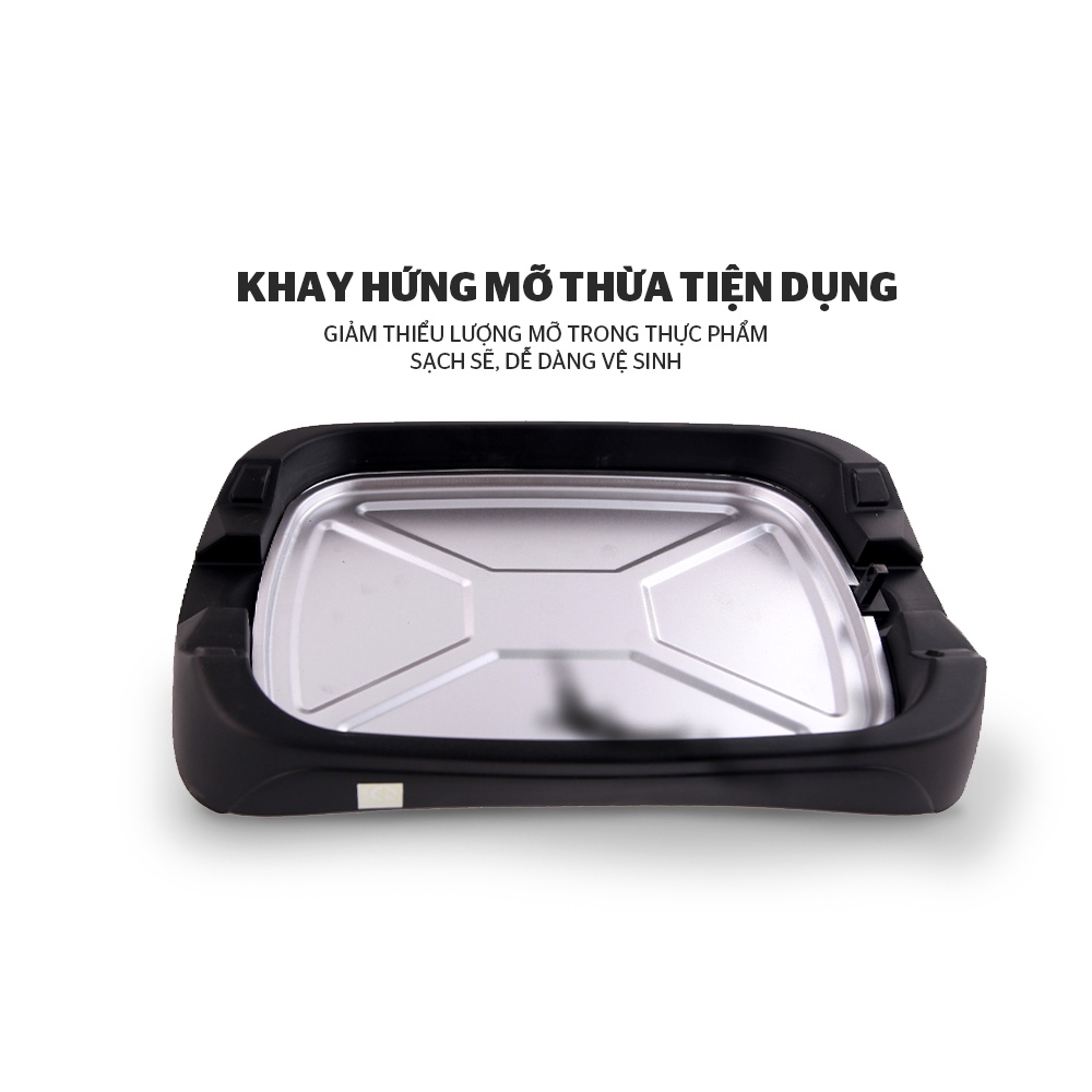 Bếp nướng điện Sunhouse SHD4602, Công suất 2000W, Vung kính chống bắn, Khay hứng mỡ inox, Bảo hành 12 tháng