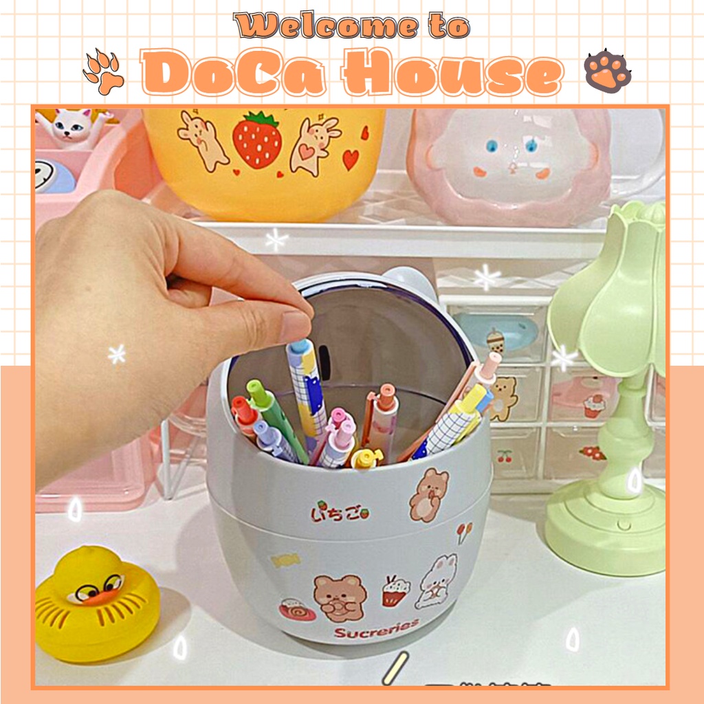 Thùng rác mini DOCA có nắp đậy để bàn hình gấu mèo, sọt rác mini để bàn dễ thương văn phòng phẩm (tặng sticker)