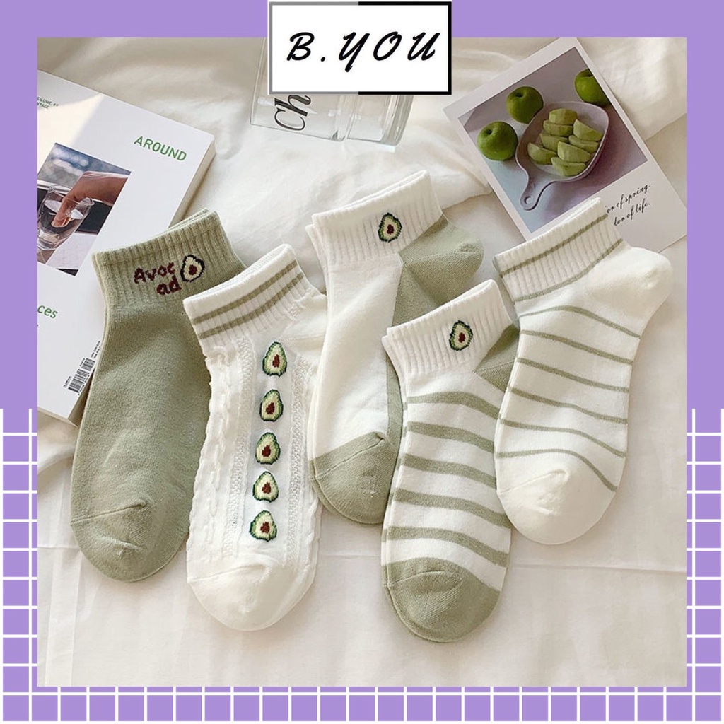 Set 5 đôi tất nữ cổ ngắn màu xanh bơ họa tiết dễ thương, chất liệu cotton, thấm hút mồ hôi