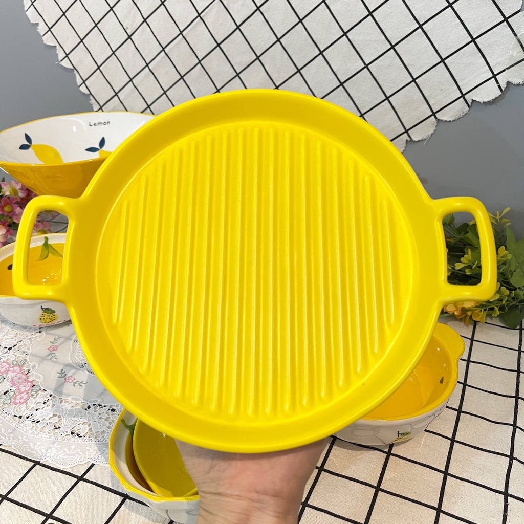 Bộ bát đĩa gốm sứ decor siêu đẹp set 7 món màu vàng trang trí đồ ăn