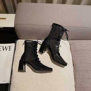 (Order) Giày boot da đan dây mũi vuông đế cao 7cm style Hàn Quốc