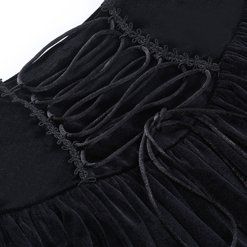 Chân Váy Chữ A Lưng Cao Màu Đen Phối Dây Rút Phong Cách Gothic