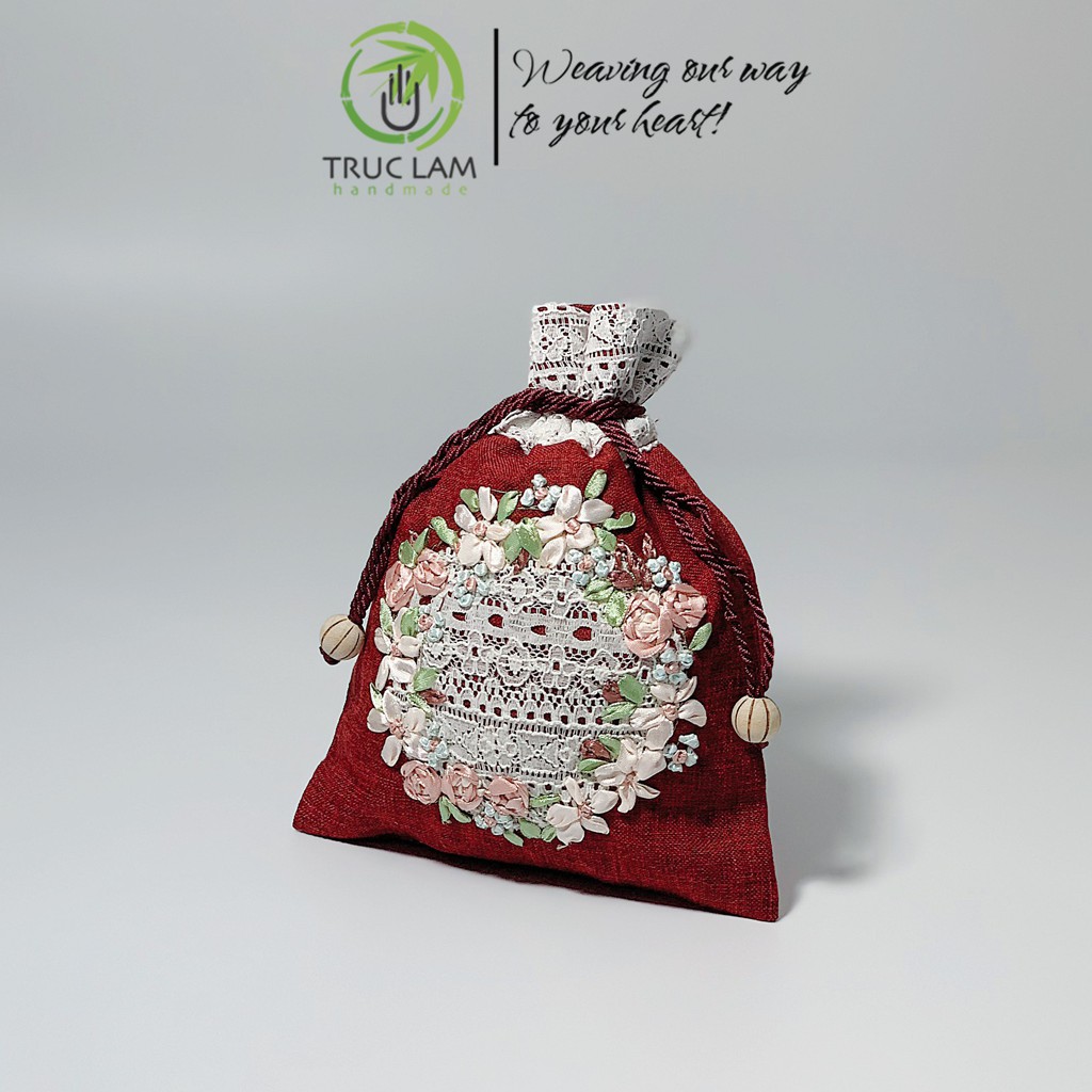 Túi Rút Thêu Ruy Băng Họa Tiết Hoa Phối Ren - Trúc Lâm Handmade
