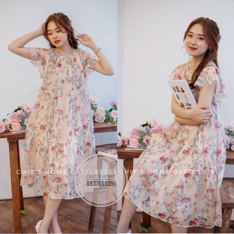 ĐẦM BẦU-VÁY BẦU BÉO HOTGIRL DÁNG XOÈ VOAN LỤA HOA 2 LỚP CỰC XINH XẮN , NỮ TÍNH