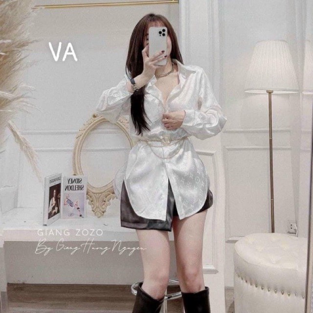 Áo sơ mi lụa vân chìm form rộng, Áo sơ mi kiểu dáng dài dấu quần SM1713 - NhiNhi Shop