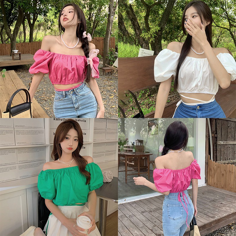 Áo Crop Top Tay Ngắn Trễ Vai Màu Sắc Trơn Phong Cách Hàn Quốc Quyến Rũ Dành Cho Nữ