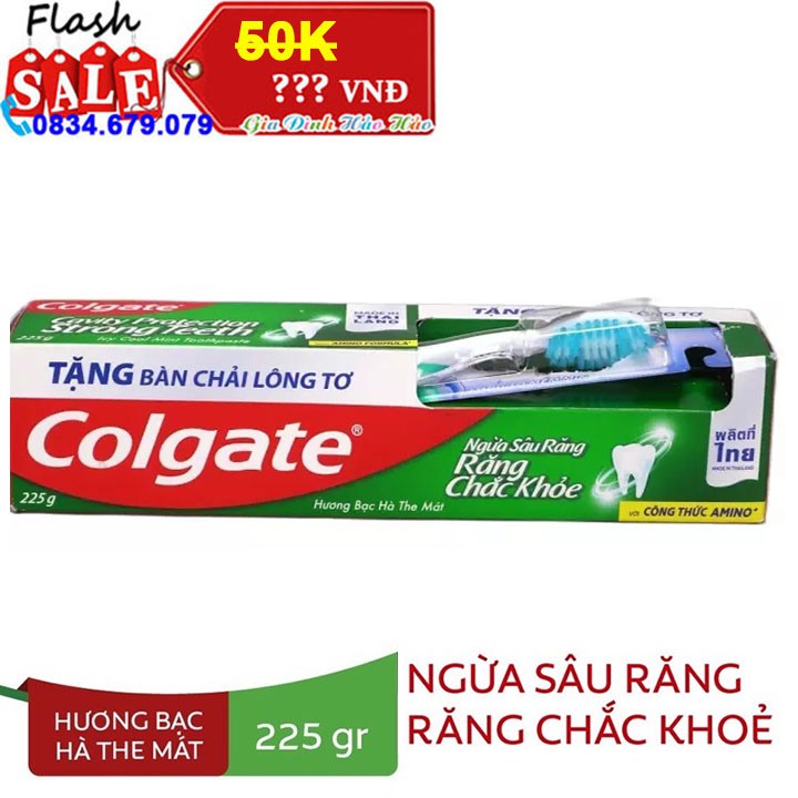 Kem đánh răng Colgate ngừa sâu răng răng chắc khỏe - Tuýp 225g - Tặng kèm bàn chải lông tơ cao cấp Thái Lan