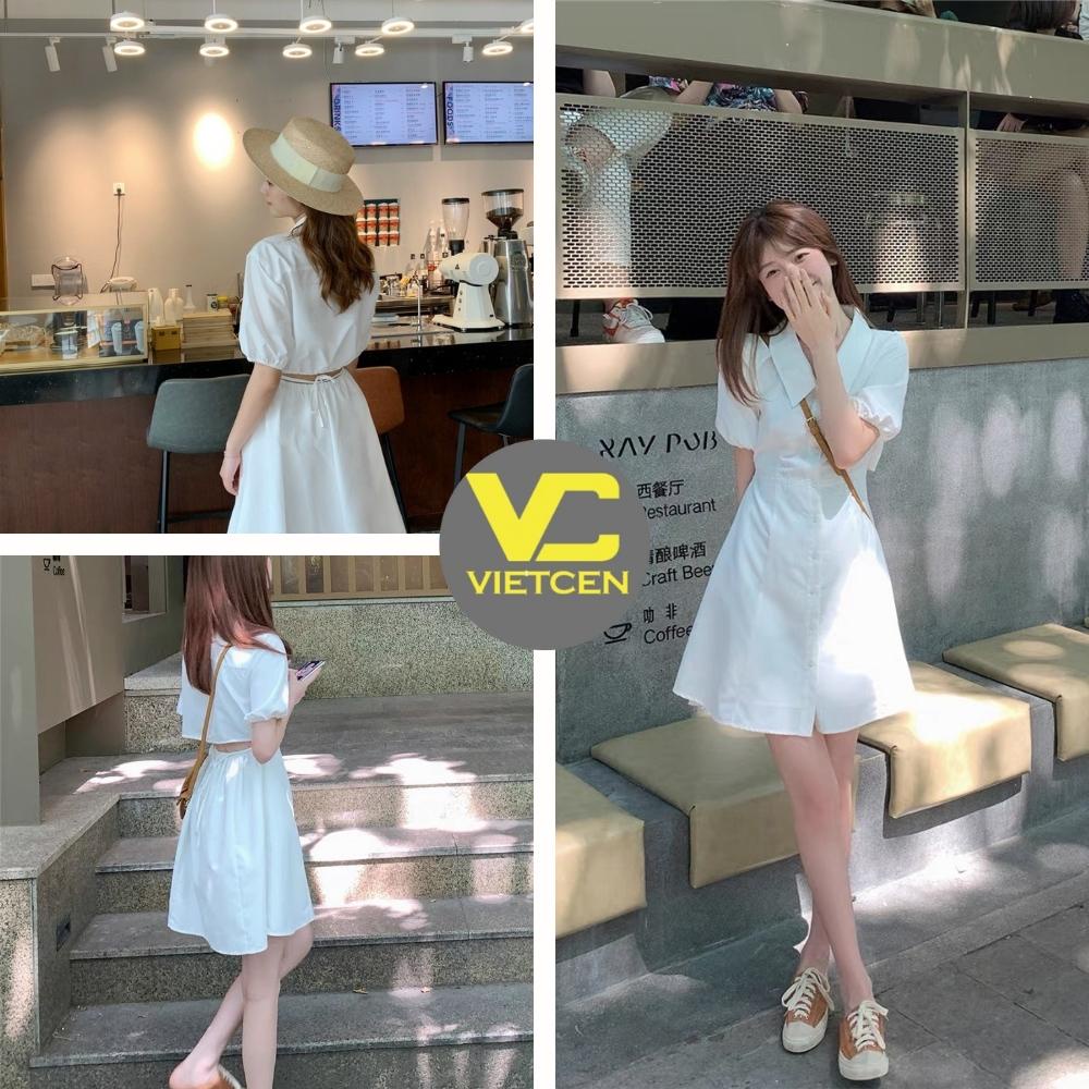 Váy Sơ Mi Trắng Thắt Eo HỞ LƯNG Đầm Suông Babydoll Cộc Tay Vintage Ulzzang Hàn Quốc - VIETCEN