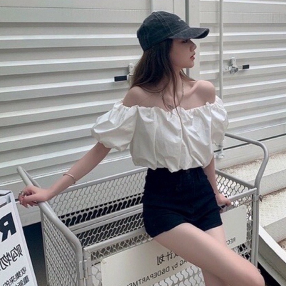 Áo Kiểu Nữ Bẹt Vai Tay Phồng Croptop 2 Lớp