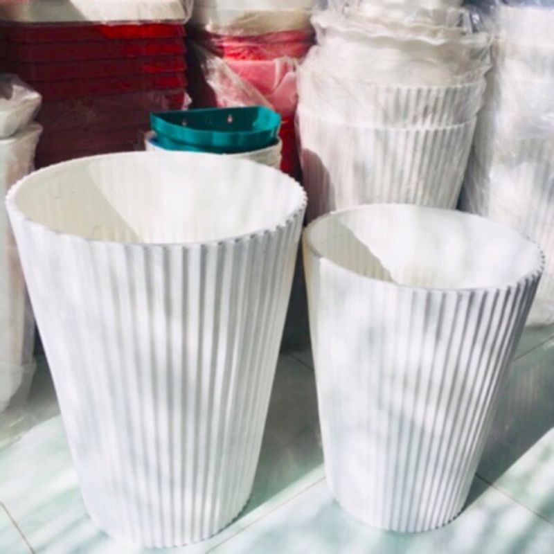 (Ship ngay) (Size to nhất 38x48cm) Chậu nhựa gân sọc tráng bóng giả sứ siêu dày đẹp_Chậu nhựa dáng cao lòng sâu sọc gân