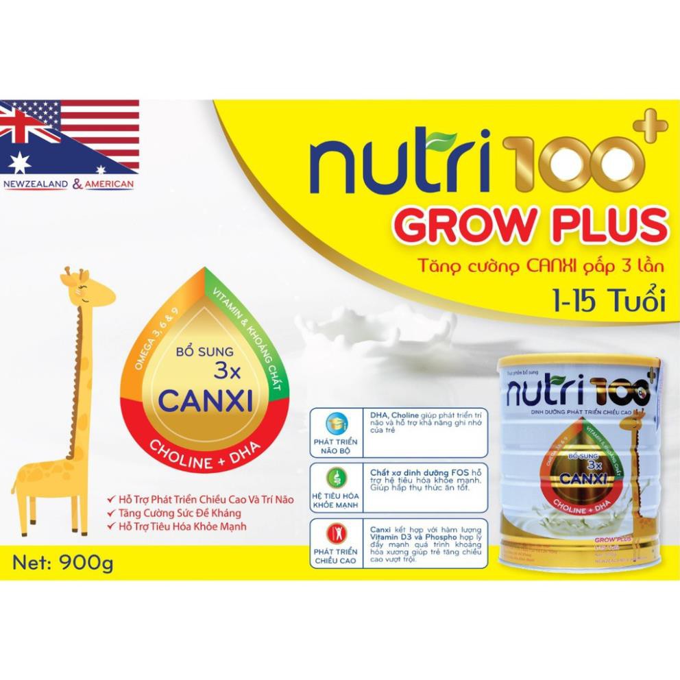 Sữa bột dinh dưỡng cho bé Nutri 100+ Grow Plus phát triển chiều cao và trí não (900g)