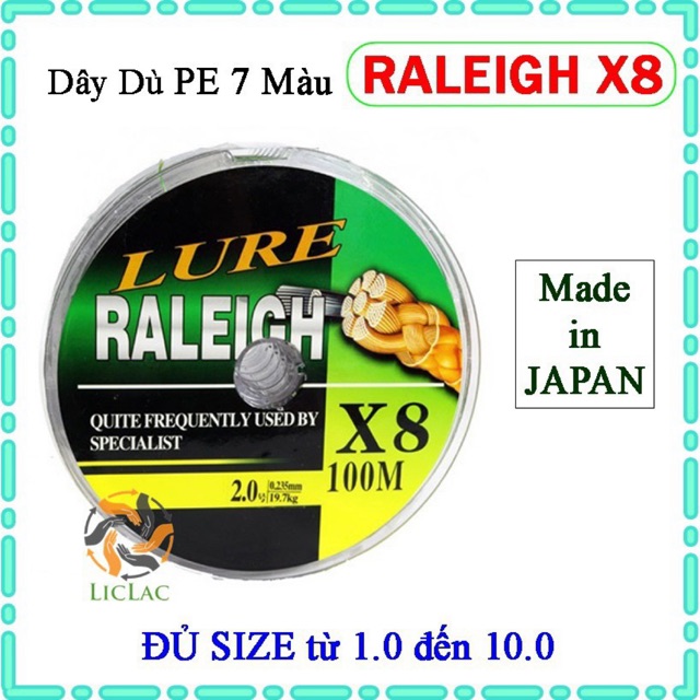 Dây dù câu cá Lure Raleigh X8 dài 100m  Dây dù PE 7 màu Raleigh X8 Siêu Bền hàng chất lượng Nhật Bản y hình h
