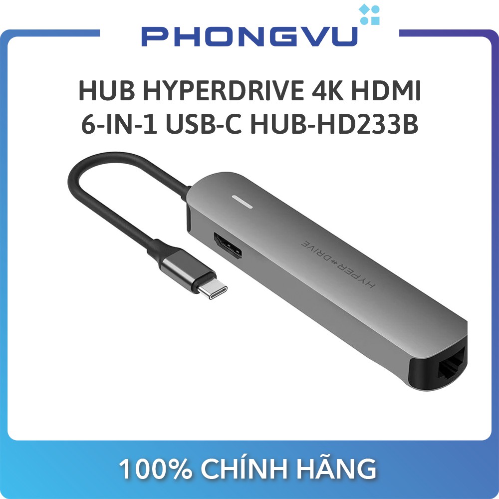 Bộ chia/ Hub HyperDrive 4K HDMI 6-in-1 USB-C Hub-HD233B - Bảo hành 12 tháng