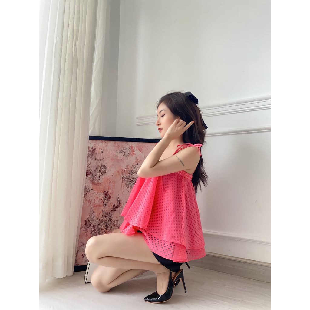 Áo 2 dây trễ vai dáng xòe [2 Lớp] Áo bẹt vai nữ chất tơ kính A-TVO