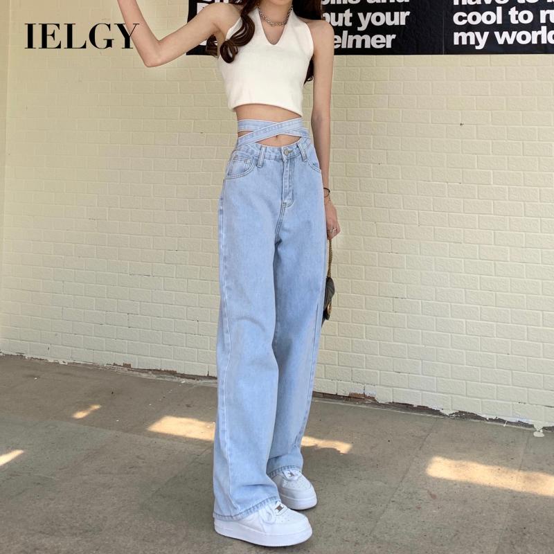 Quần IELGY denim lưng cao dáng rộng buộc dây phong cách đường phố thời trang dành cho nữ