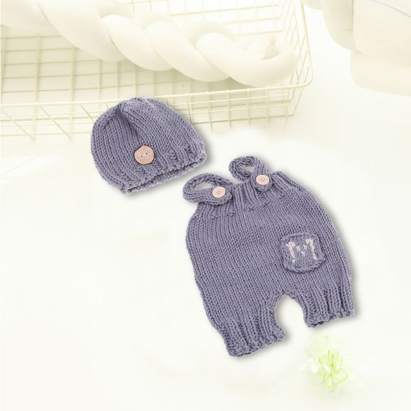 Set Đồ 2 Món Gồm Áo Liền Quần Dệt Kim + Quần Yếm + Mũ Cho Bé Sơ Sinh Chụp Ảnh
