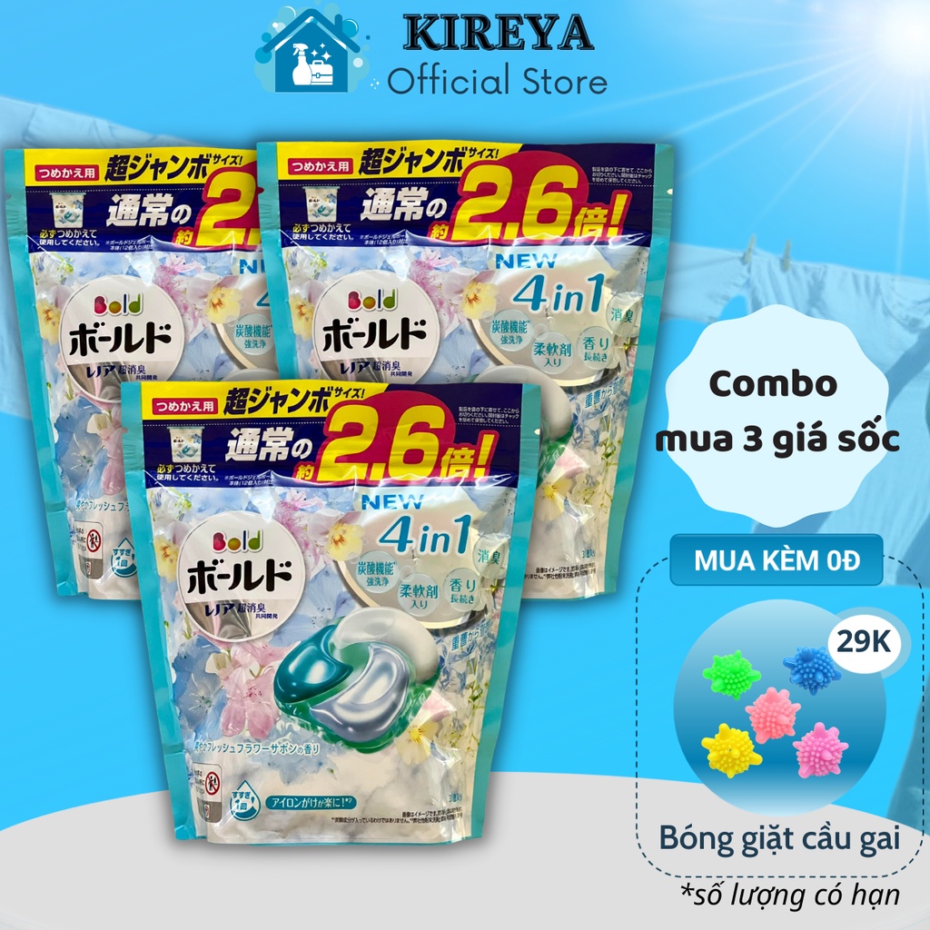 Combo 3 túi viên giặt xả Gel Ball Bold 4D túi 31 viên xanh kireya