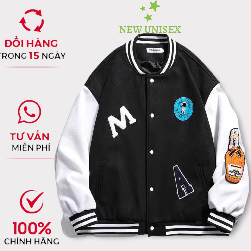 Áo Khoác Bomber Nam Nữ Chất Vải Nỉ Cúc Bấm Họa Tiết Chữ M Trắng Chữ A Đen Hot Trend